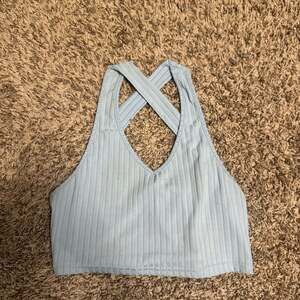 Baby Blue Ribbed Crisscross V-Neck Crop Top, Size S